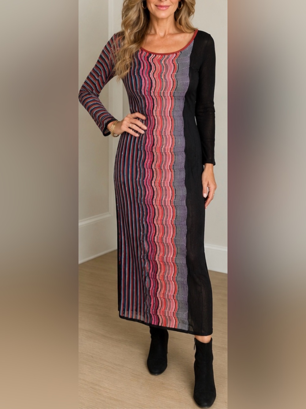 Trina Turk M Striped Knit Midi Dress Sheer Panel Black Slip Colorblock Mod